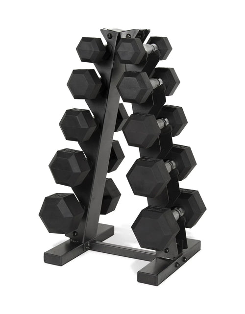 Load image into Gallery viewer, 150 Lb. Coated Hex Dumbbell Weight Set, 5-25 Lb. with White Rack

